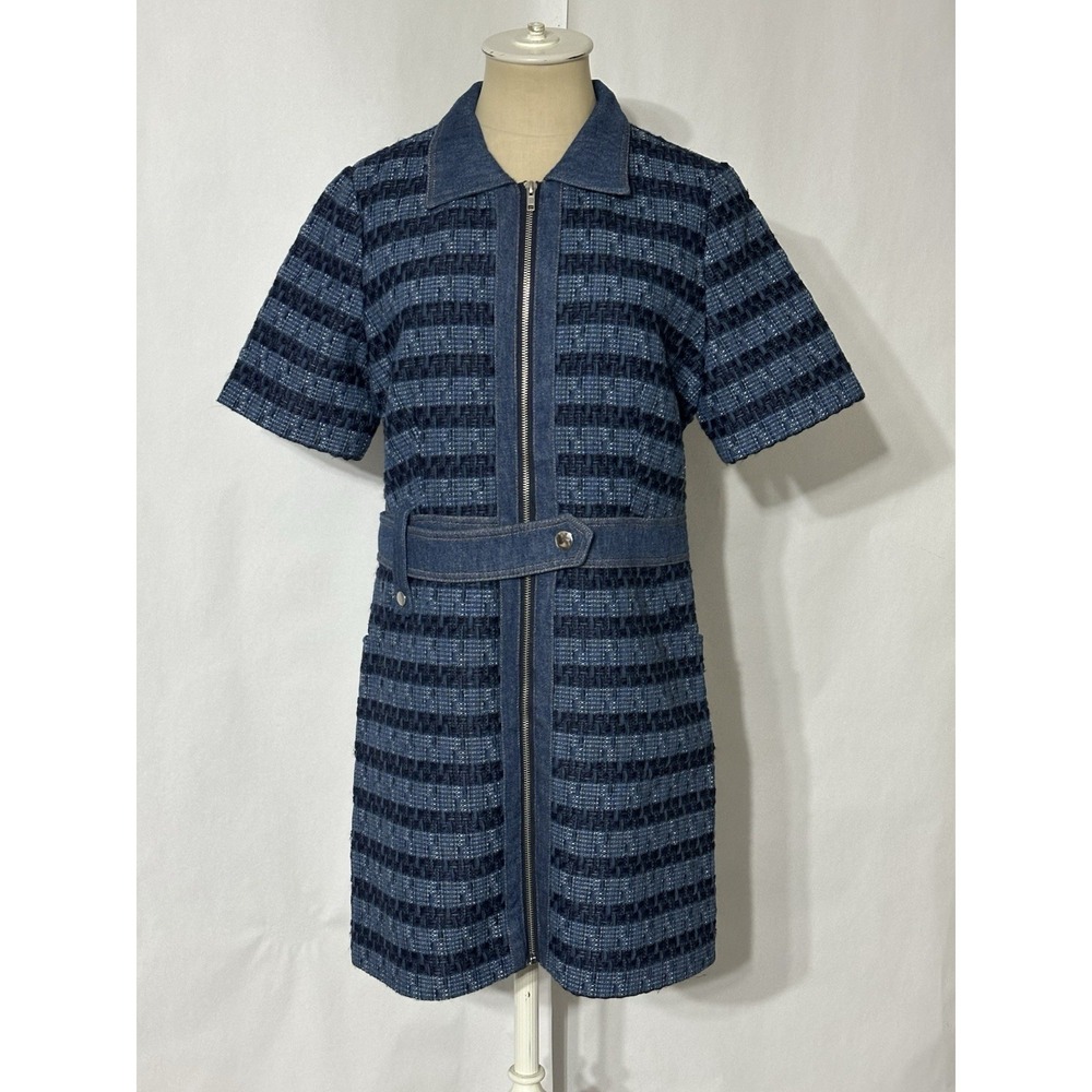 Jason Wu Women's Blue Denim Boucle Tweed Zip Front Belted Mini Dress Sz Medium